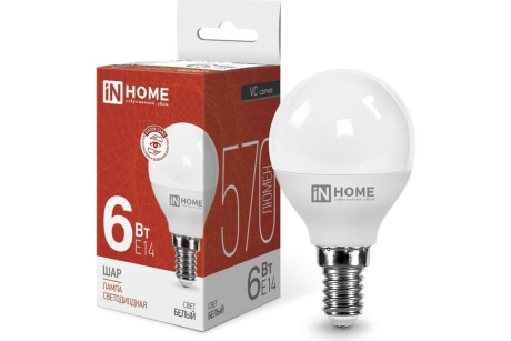 Купить Лампа светодиодная IN HOME LED-ШАР-VC 6Вт 230В Е14 4000К 480Лм фото №1