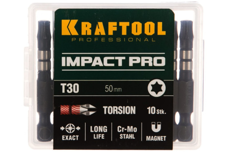 Купить Биты KRAFTOOL Impact Pro, TORX, тип хвостовика E 1/4", TX30, 50мм, 10шт, в пластиковом боксе фото №3